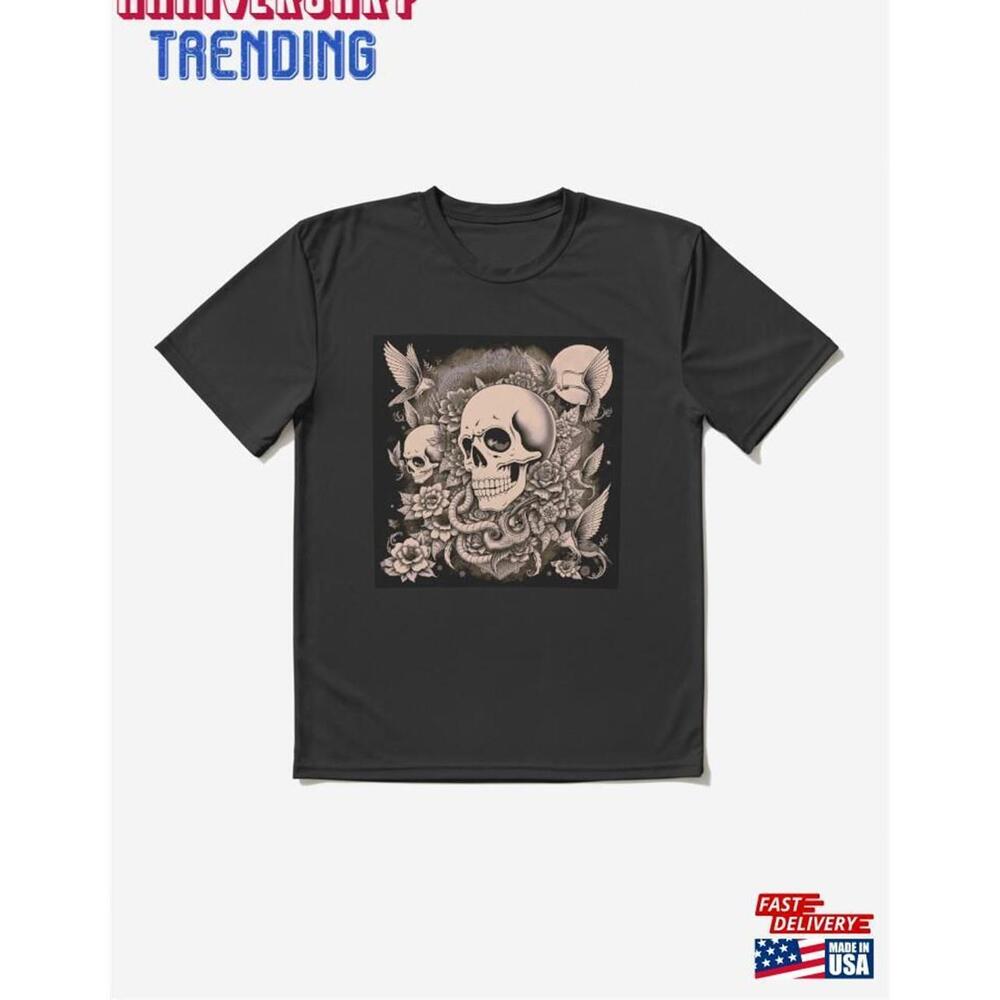 Artful Black And White Skull Drawing Apparel Halloween Art Tee Active Tshirt